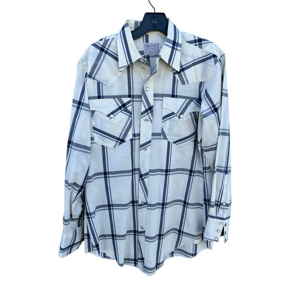 H Bar C Ranchwear Shirt Mens 15.5 33 White Stripe Long Tail Pearl Snap Vintage